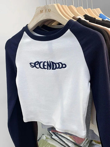 Letter Print T-Shirt Women Spring Long Sleeve Patchwork Tops Fashion Retro Contrast Color Crop Top Hot Girl Kpop Skinny Y2K Tees