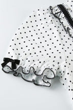 Lapel Button Bow Polka Dot Blouse
