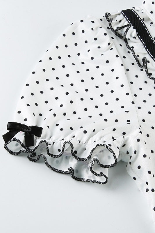 Lapel Button Bow Polka Dot Blouse
