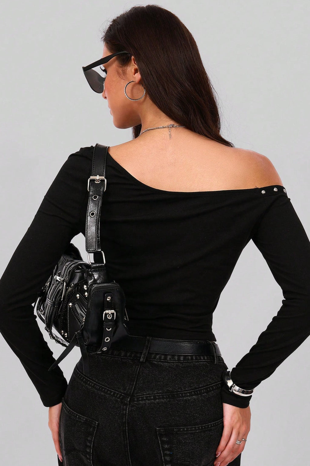 Asymmetric Shoulder Metal Stud Blouse