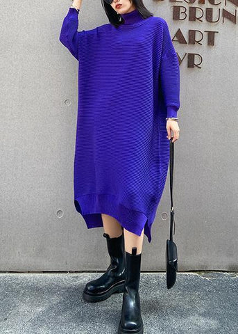 Pullover blue Sweater dress outfit Street Style high neck low high design baggy fall knitted dress