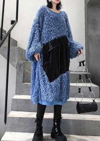 Cute blue Sweater weather plus size o neck tassel Big sweater dresses