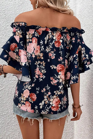 elegant blue floral off shoulder blouse