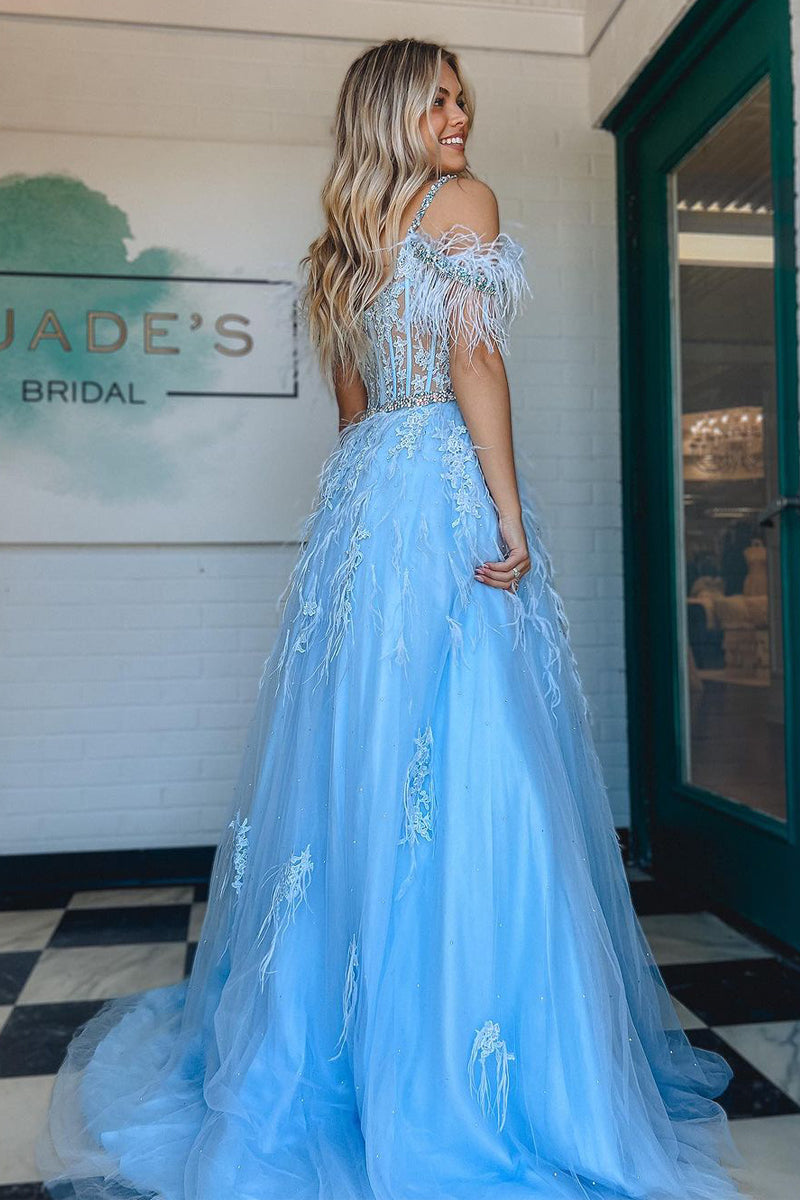A-Linien-Abendkleid aus Spitze und Tüll mit V-Ausschnitt, Perlen- und Federstickerei.
