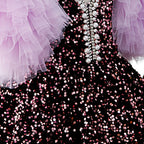 Toddler Ball Gowns Girl Communion Purple Sequin Long Puff Sleeves Princess Pageant Dress