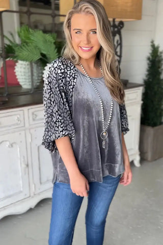 grey leopard velvet blouse
