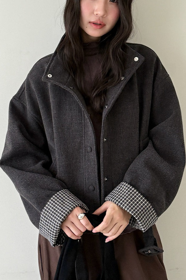 Short Cuffed Check Pieced Stand Collar Wool Coat