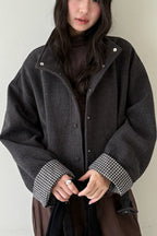 Short Cuffed Check Pieced Stand Collar Wool Coat