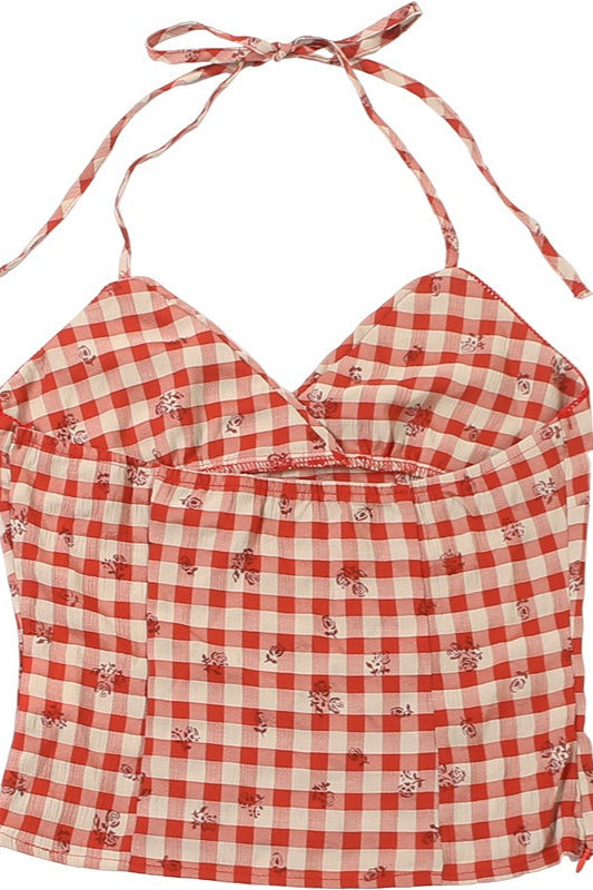 Fresh Red Plaid Backless Halter Top