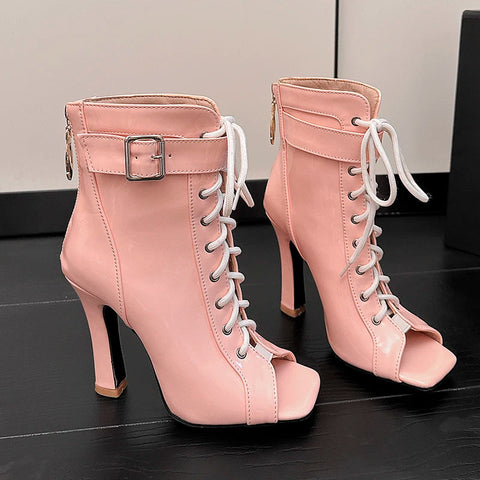Botines de tacón alto de verano para mujer, primavera 2024, con punta abierta y cordones, para fiesta, jazz, baile, talla grande 47 