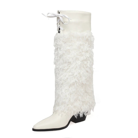 Weiße blaue Feder spitze hohe Stiefel Damen elegante High Heels Schuhe Damen Casual Winter Herbst Catwalk Perform Kniehohe Stiefel 