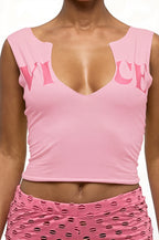 Cropped U Neck Graphic Print Sexy Tank Top