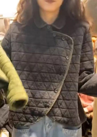 Bio Grün Peter Pan Kragen Knopf Feine Baumwolle Gefüllt Kurzmantel Frühling 