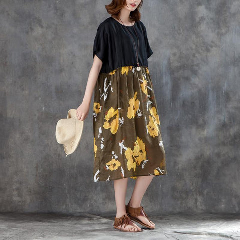 Women Short Sleeve Printed Patchwork Loose Dress