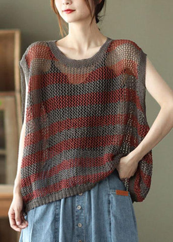 Camiseta de tirantes de lino de verano con rayas de morera y aberturas sin mangas 