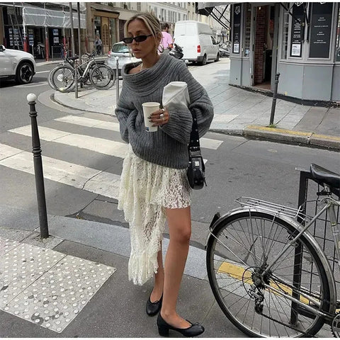 TARUXY Off Shoulders Knitted Sweater Women's Loose Solid Fashion Long Sleeve Pullover High Street Knitwear Sweaters Femme Spring