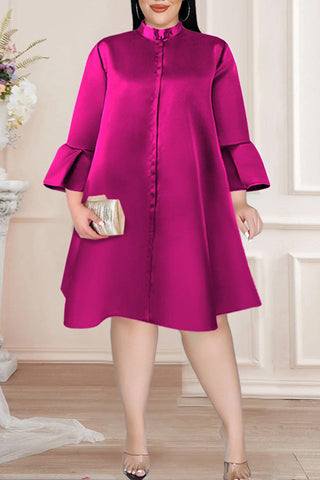 Simple Plus Size Solid Color Satin Flared Sleeve A-Line Midi Dress