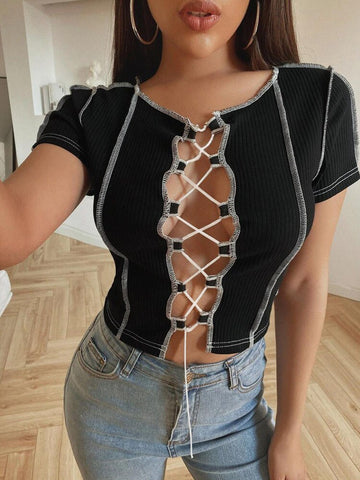 vintage Patchwork Broken Design Mesh Crop Top For Women Street Bandage Wear Tees Punk Style Long Sleeve T-shirt Female clothes
