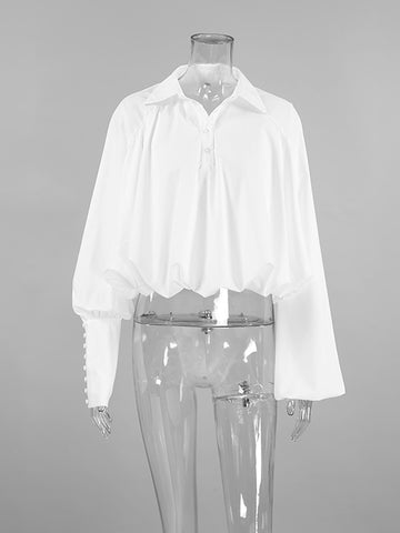 Loose Puff Sleeves Asymmetric Solid Color Split-Joint Lapel Blouses&Shirts Tops