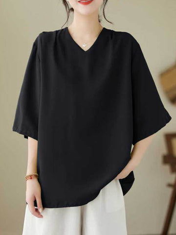 Loose Short Sleeves Solid Color V-Neck T-Shirts