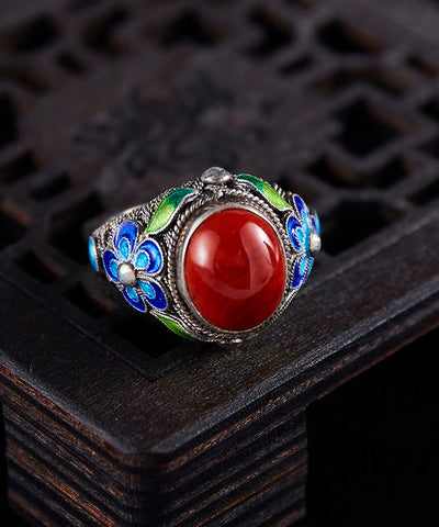 Retro-Ringe aus rotem Sterlingsilber mit Achat und Cloisonné 