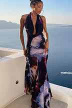 Elegant Digital Print Cowl Neck Vacation Maxi Dress
