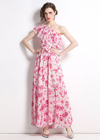 Französisch Floral One-Shoulder Print Patchwork Chiffon Strandkleider Sommer 