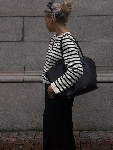 Suéter de punto a rayas con cuello redondo para mujer, cárdigan holgado de manga larga, ajustado, con parches en contraste, prendas de vestir exteriores de verano 