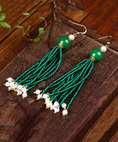 Pendientes colgantes de perlas de vidrio verde seco, hechos a mano, en oro de 14 quilates, color verde negruzco 