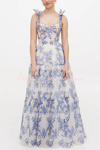 Fairytale Itself Organza-Maxikleid mit Blumenmuster und Bindeträgern 