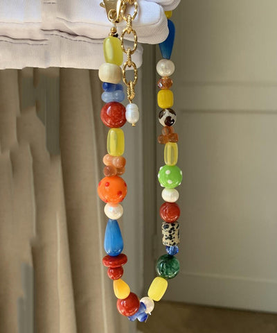 Collar de cuentas asimétricas con gemas y arcoíris en plata de ley dorada para mujer 