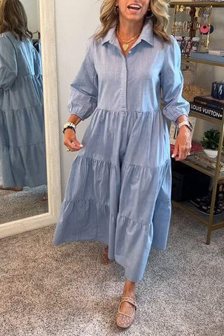 Vestido largo holgado con puños elásticos y solapa de color liso