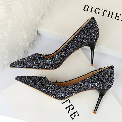 summer new  style sexy nightclub slim heels for women's skinny heels fashion glitter single shoes