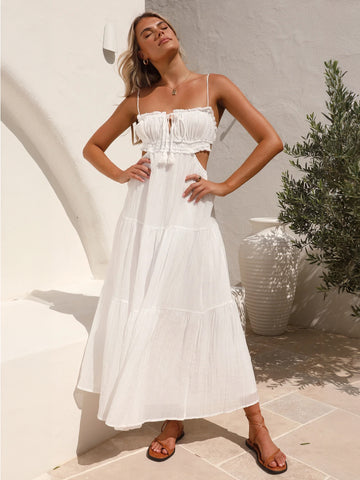 Vestido blanco con tirantes finos escalonados, aberturas y cordones, vestidos midi informales de verano 