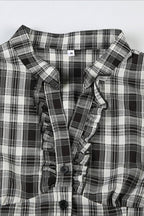 British Plaid Ruffled V Neck Puff Sleeve Blouse