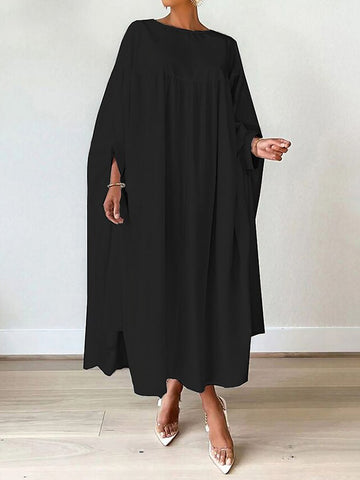 Batwing Sleeves Loose Pleated Solid Color Split-Joint Round-Neck Maxi Dresses