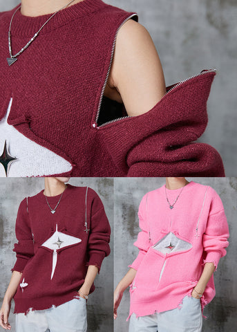 Suéter corto de punto con patchwork rosa y hombros descubiertos con cremallera para invierno 
