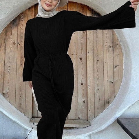 Vestido tipo suéter de manga larga, cintura alta, con cordones, para otoño e invierno, color liso, informal, tejido básico, largo 