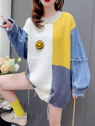 Denim Patchwork Long Sleeve Sweater