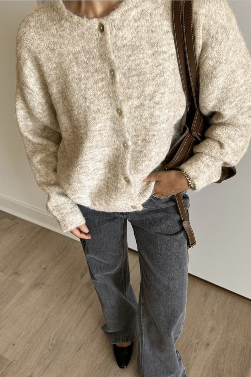 Soft Gray Vintage Shell-Button Knit Cardigan