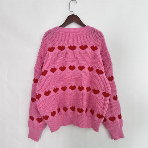 Suéter de punto con rayas de corazón rojo Lovey 