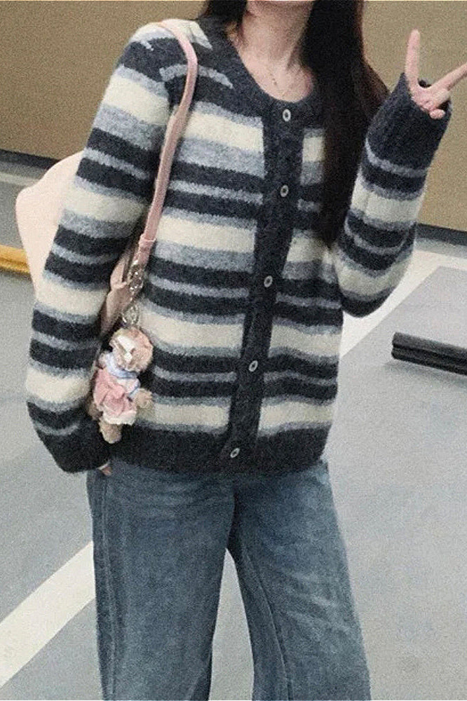 Retro Stripe Color Block Loose Slim Crew Neck Knit Cardigan