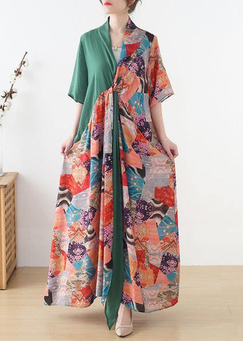 Vestido veraniego de gasa con patchwork y estampado azul sencillo 