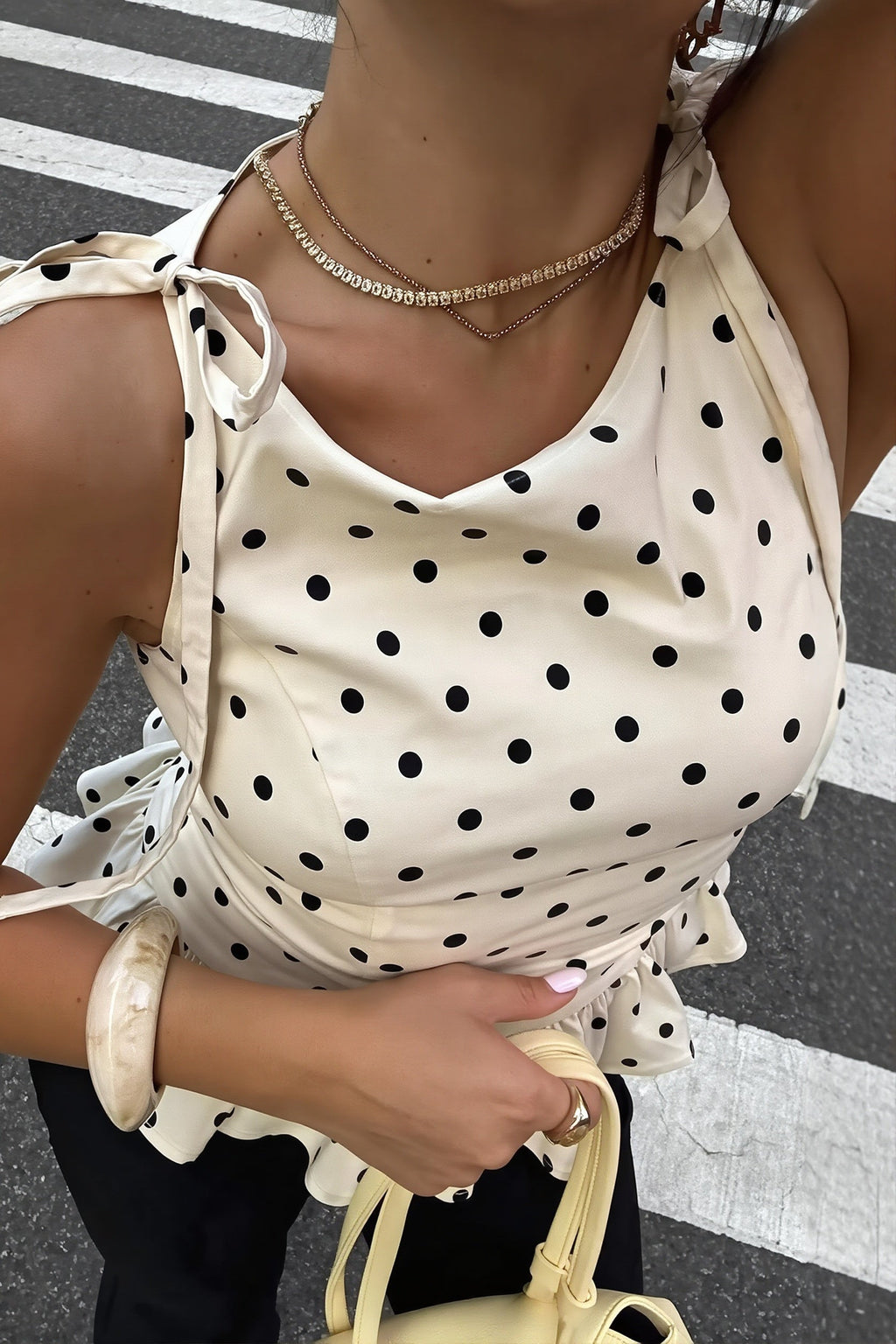 Dot Print Round Neck Fitted Versatile Tank Top