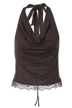 Lace Spliced Cowl Neck Tie Halter Top