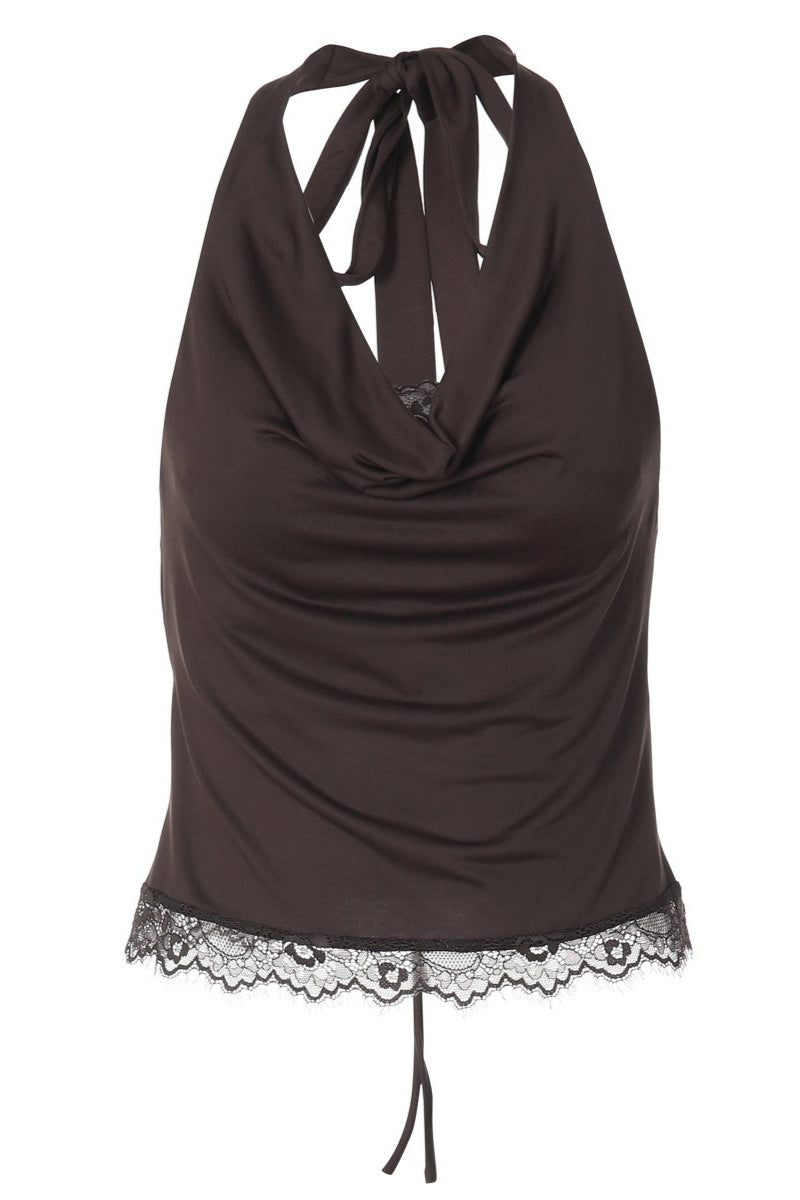 Lace Spliced Cowl Neck Tie Halter Top