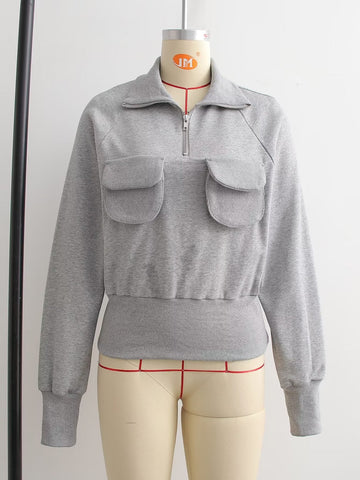 Spring Summer Women Clothing Stand Collar Loose Pockets Decorative Sweater