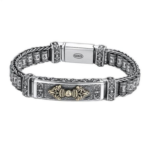 Pulsera de plata de ley con seis caracteres de la verdad y la mano del mortero Vajra 
