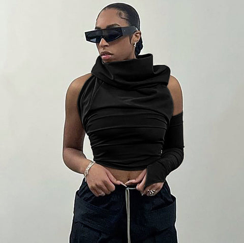 Cutenova Pile Collar Backless Streetwear Women T-shirts One-sleeve Hooded Vintage Solid Crop Tops Slim Casual Fashion Clothing