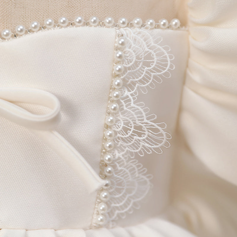 Elegant Baby Girl White Lace Puff Sleeve Bow Princess Dress Toddler First Communion Dress